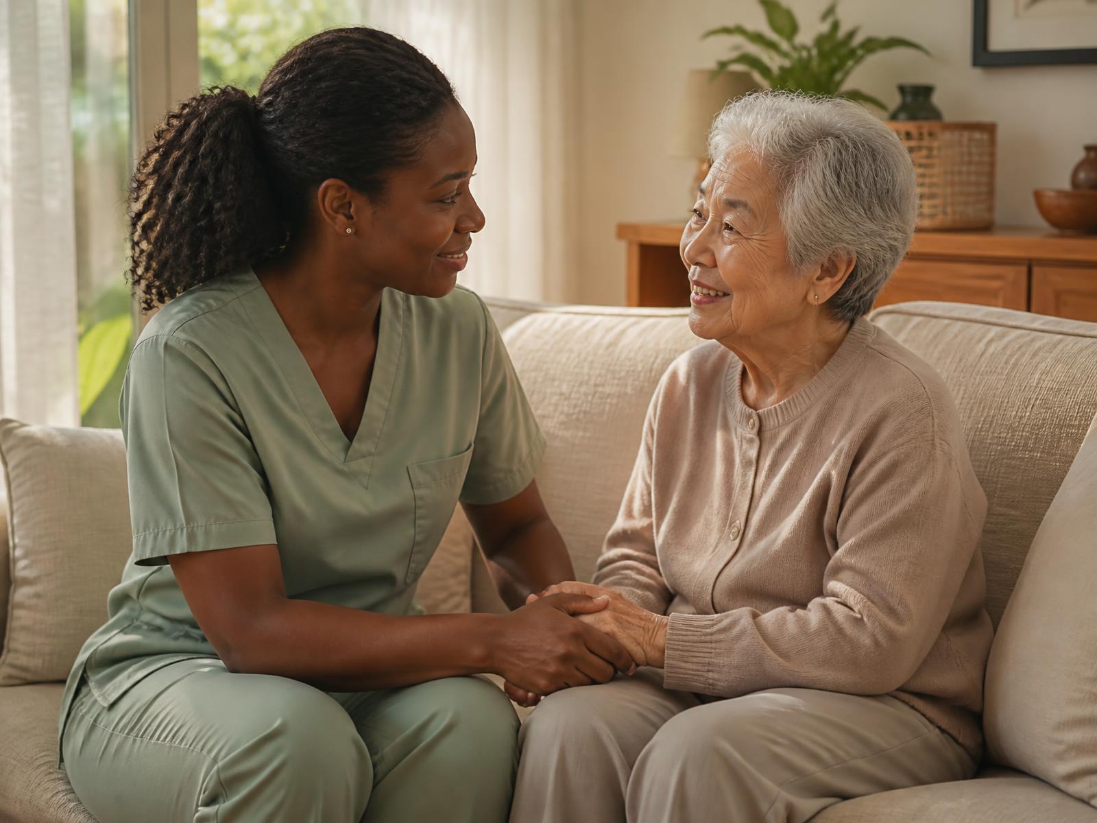 A caregiver in sage scrubs holding hands with a smiling senior woman in her living room